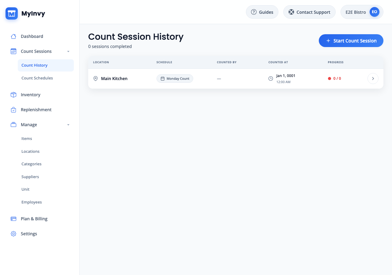 Count History list with location, schedule, status, and detail navigation.
