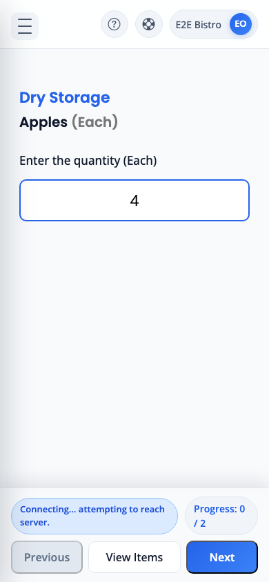 mobile count screen with item name, quantity input, keypad, Previous, View Items, and Next.