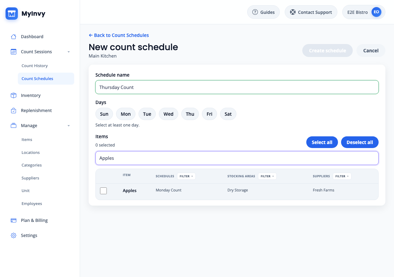 New count schedule editor with Schedule name, Days, Items, and Create schedule.