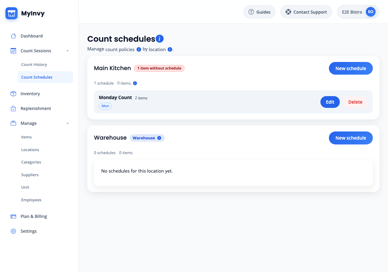 Count schedules page grouped by location with New schedule, Edit, Delete, and unscheduled-item alert.