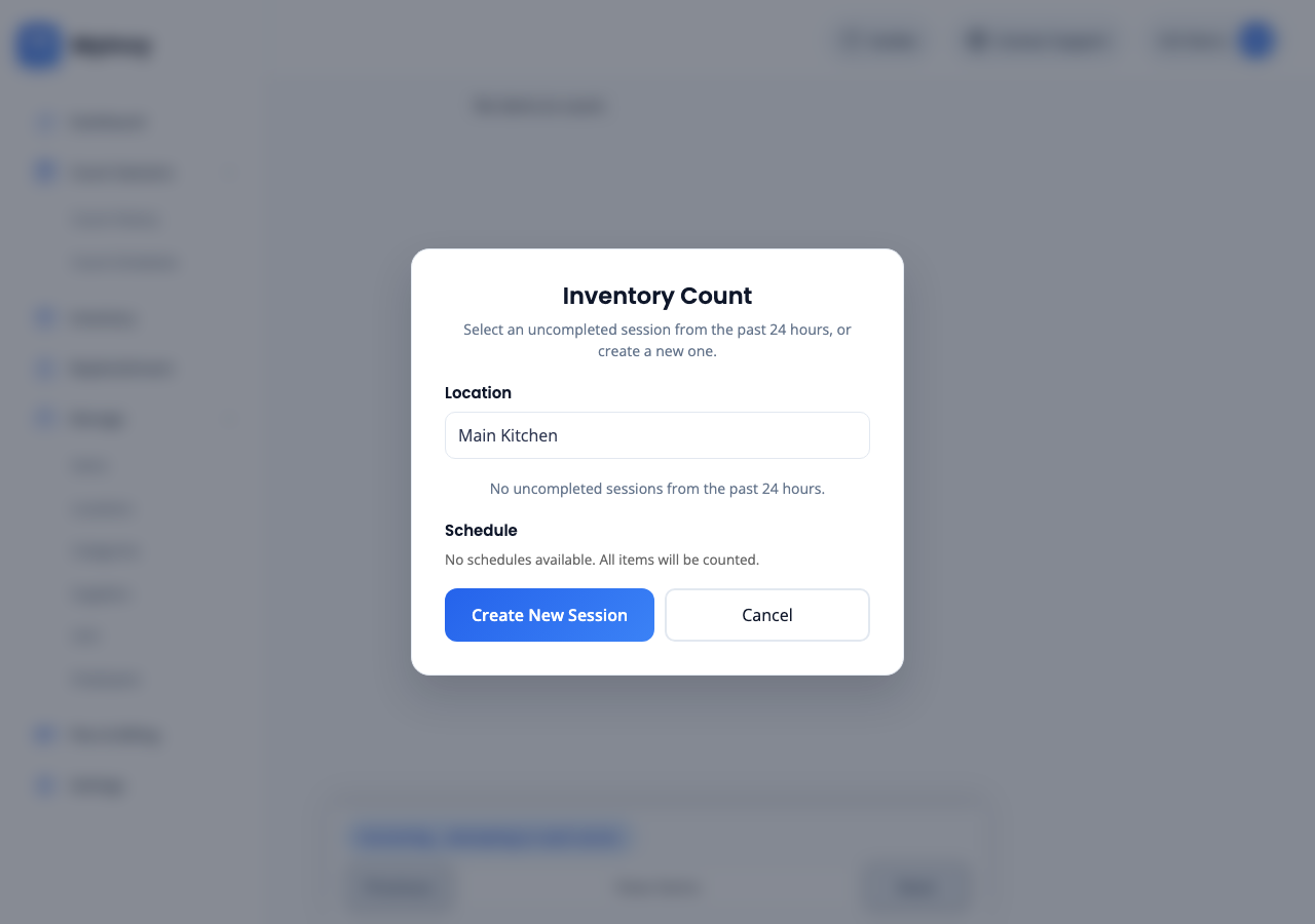 Inventory Count overlay asking for Location and showing create or resume session actions.