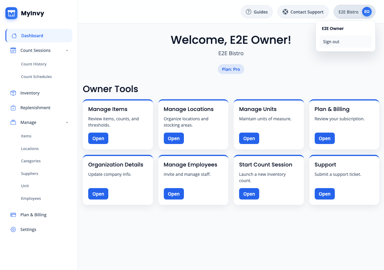user menu opened from the organization chip with Sign out action.