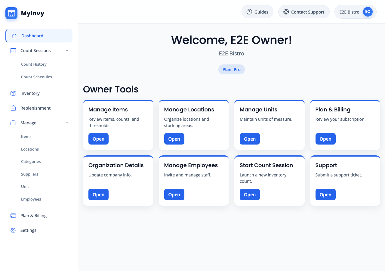 Dashboard showing role-specific tiles and assigned-location context.