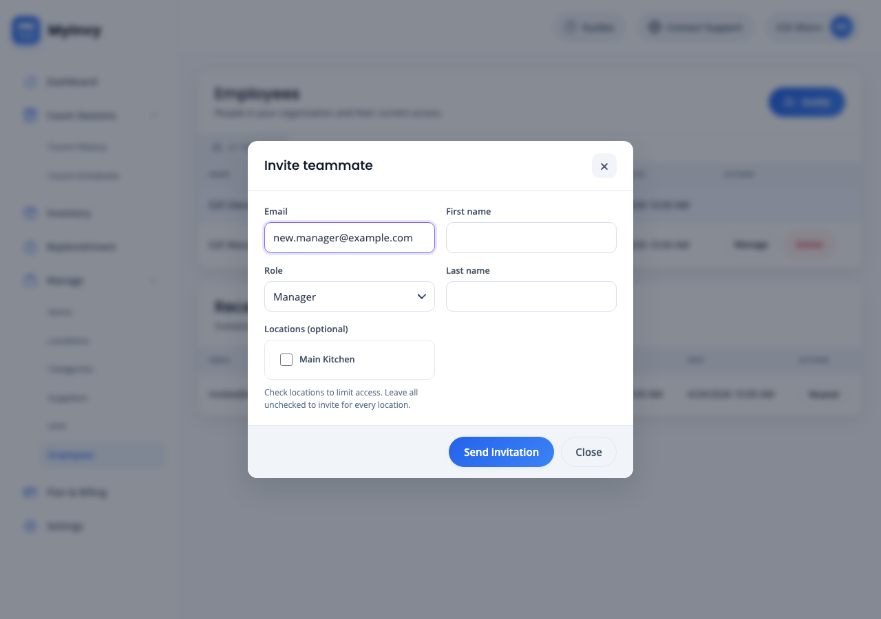 MyInvy teammate invitation modal with role and location access