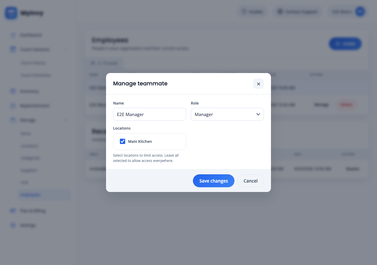 Manage teammate modal with Name, Role, Locations, and Save changes.