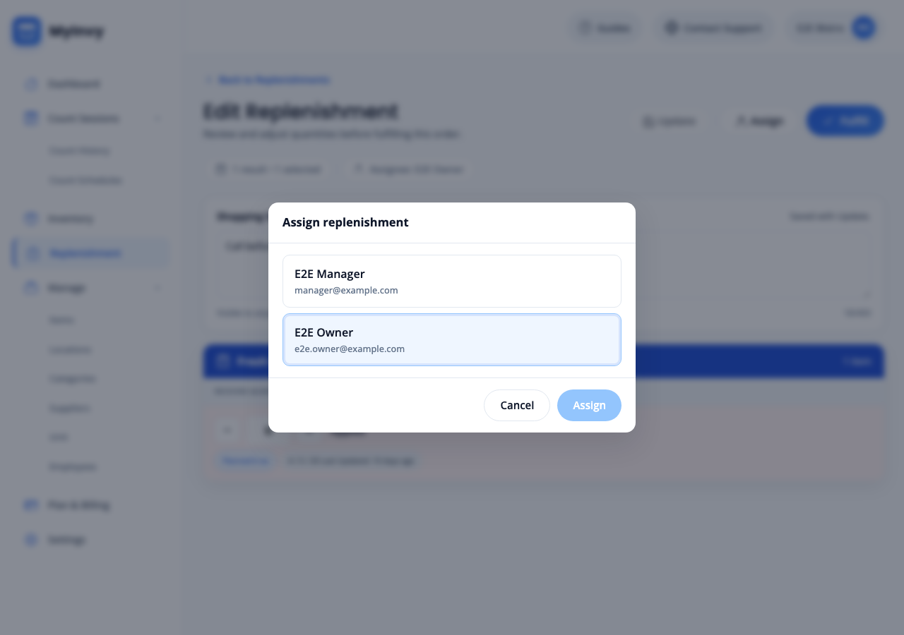Edit Replenishment or transfer detail with note field, Update, Assign, and assignee display.