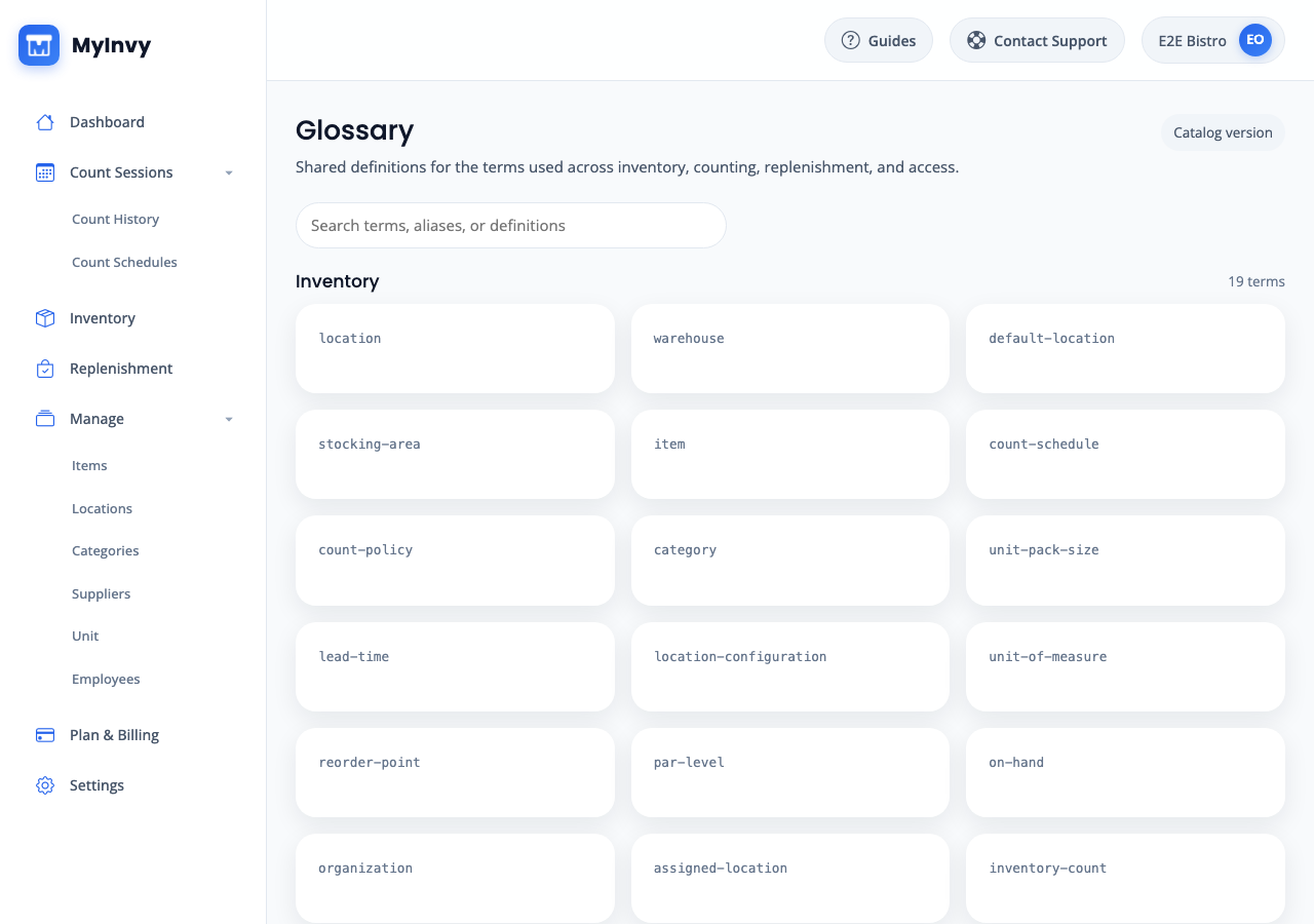 Settings Glossary card and Glossary search page.