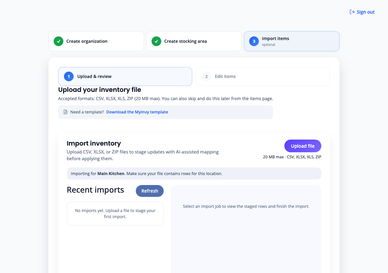 MyInvy import upload screen for bringing in existing inventory data
