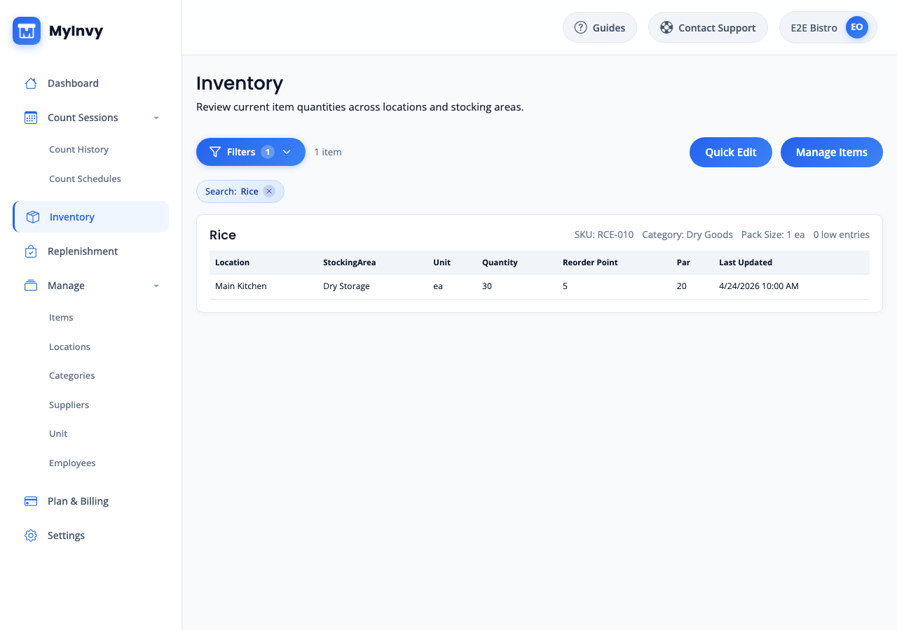 Inventory filter panel with search, location, supplier, category, low quantity, and clear controls.