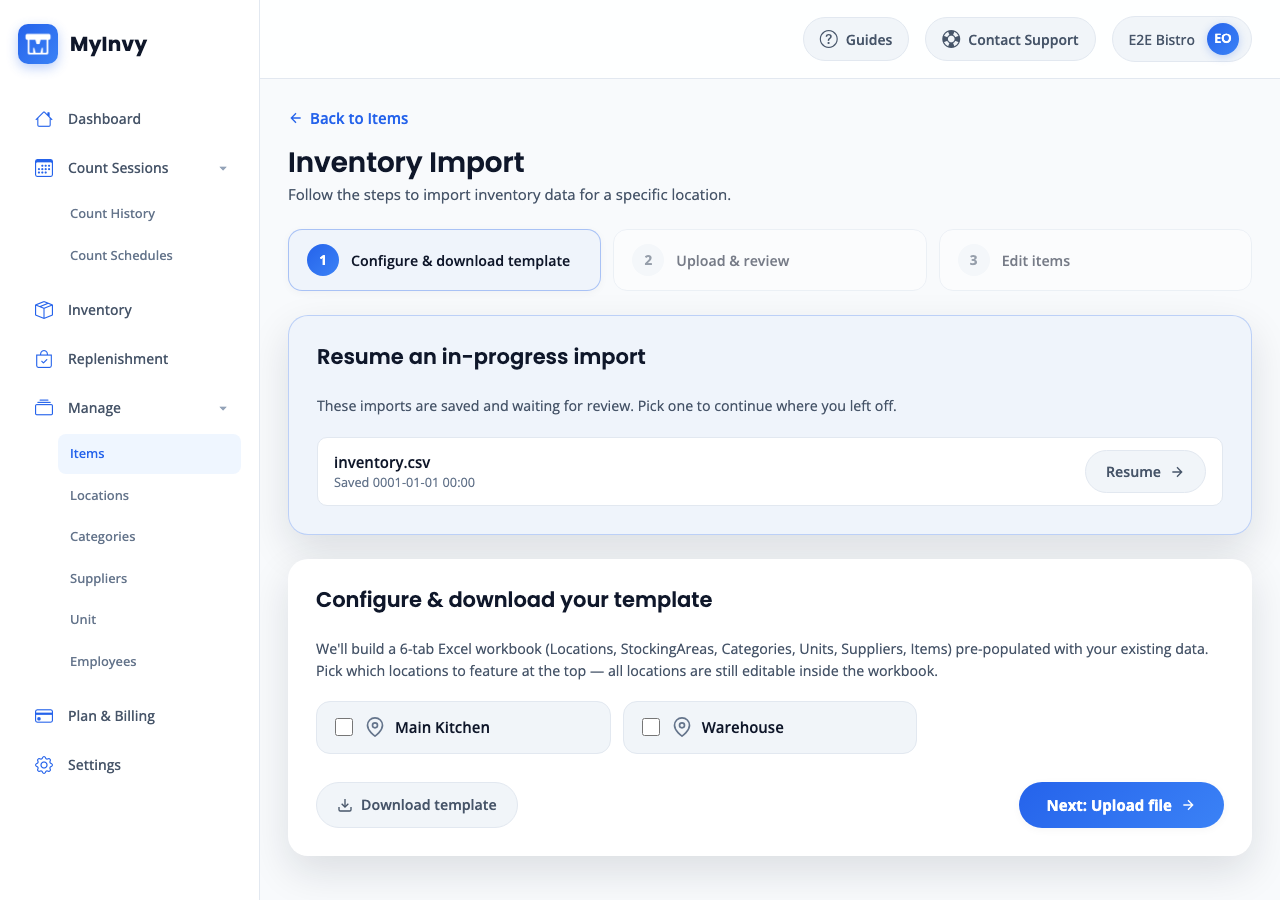 Inventory Import steps for Configure & download template, Upload & review, and Edit items.