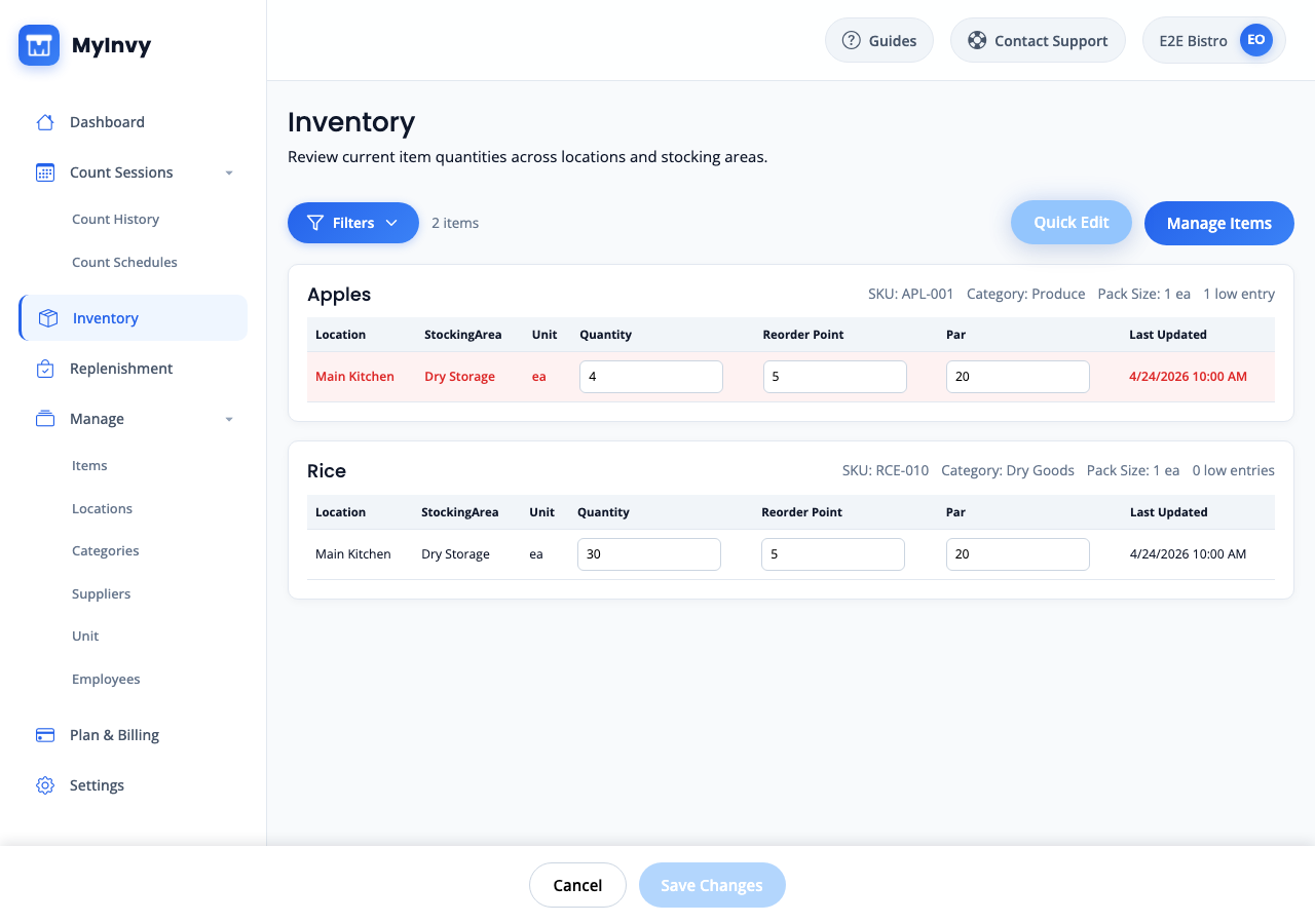 Inventory Quick Edit mode with editable quantity and threshold cells plus Save Changes footer.
