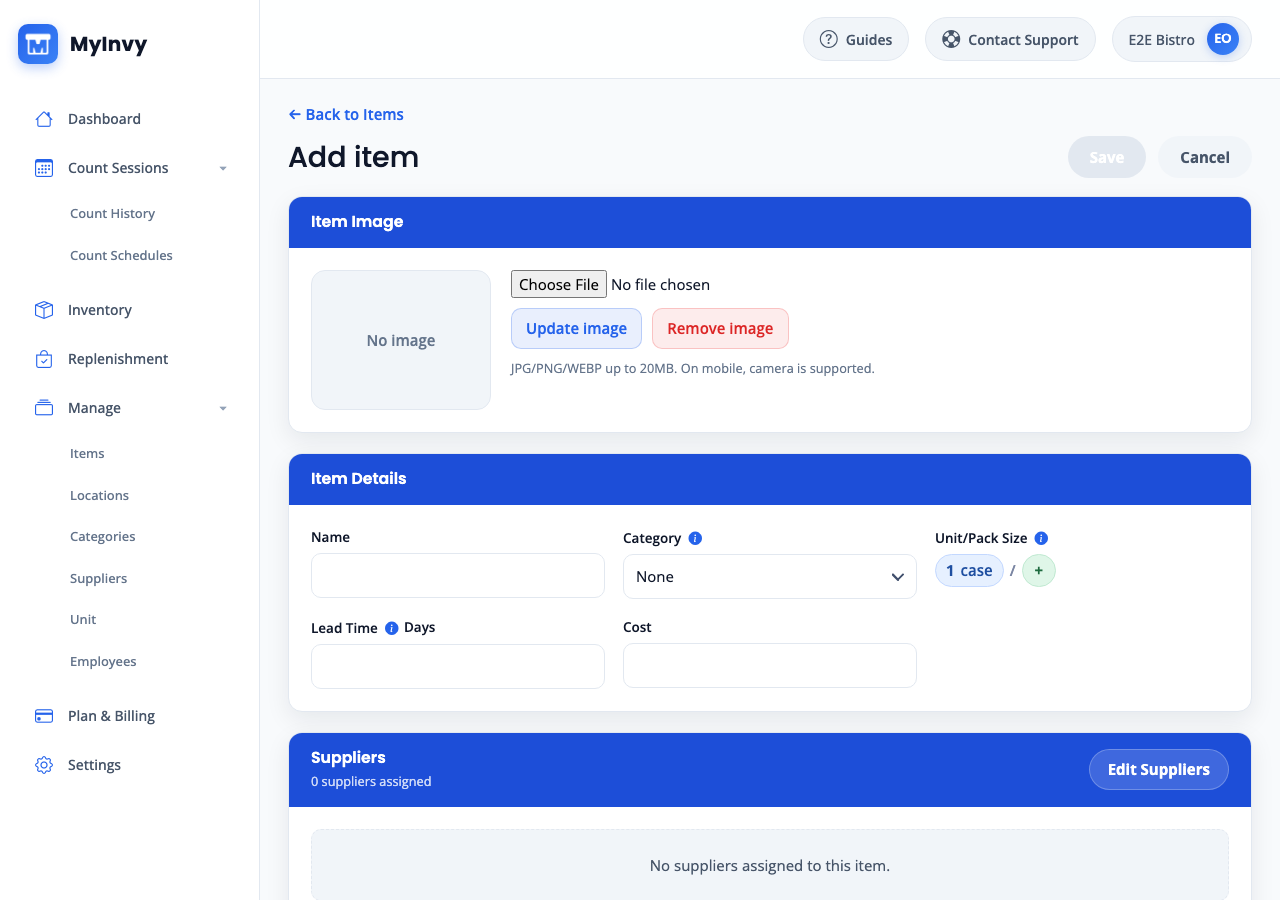 Add item form with Item Image, Item Details, Suppliers, and Save.