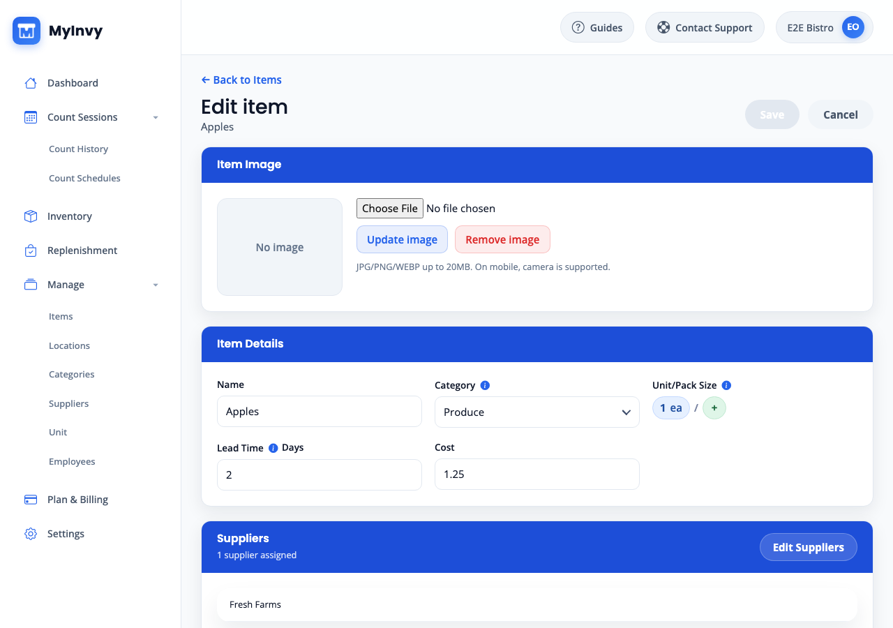 MyInvy item setup screen with supplier, category, unit, and pack size fields