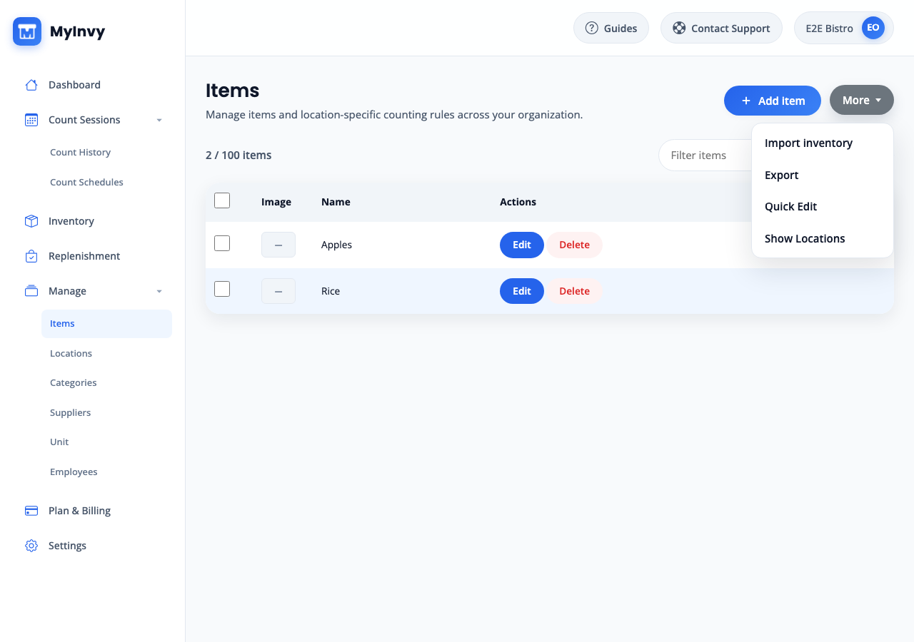 More menu showing Import inventory, Export, Quick Edit, and Show Locations.