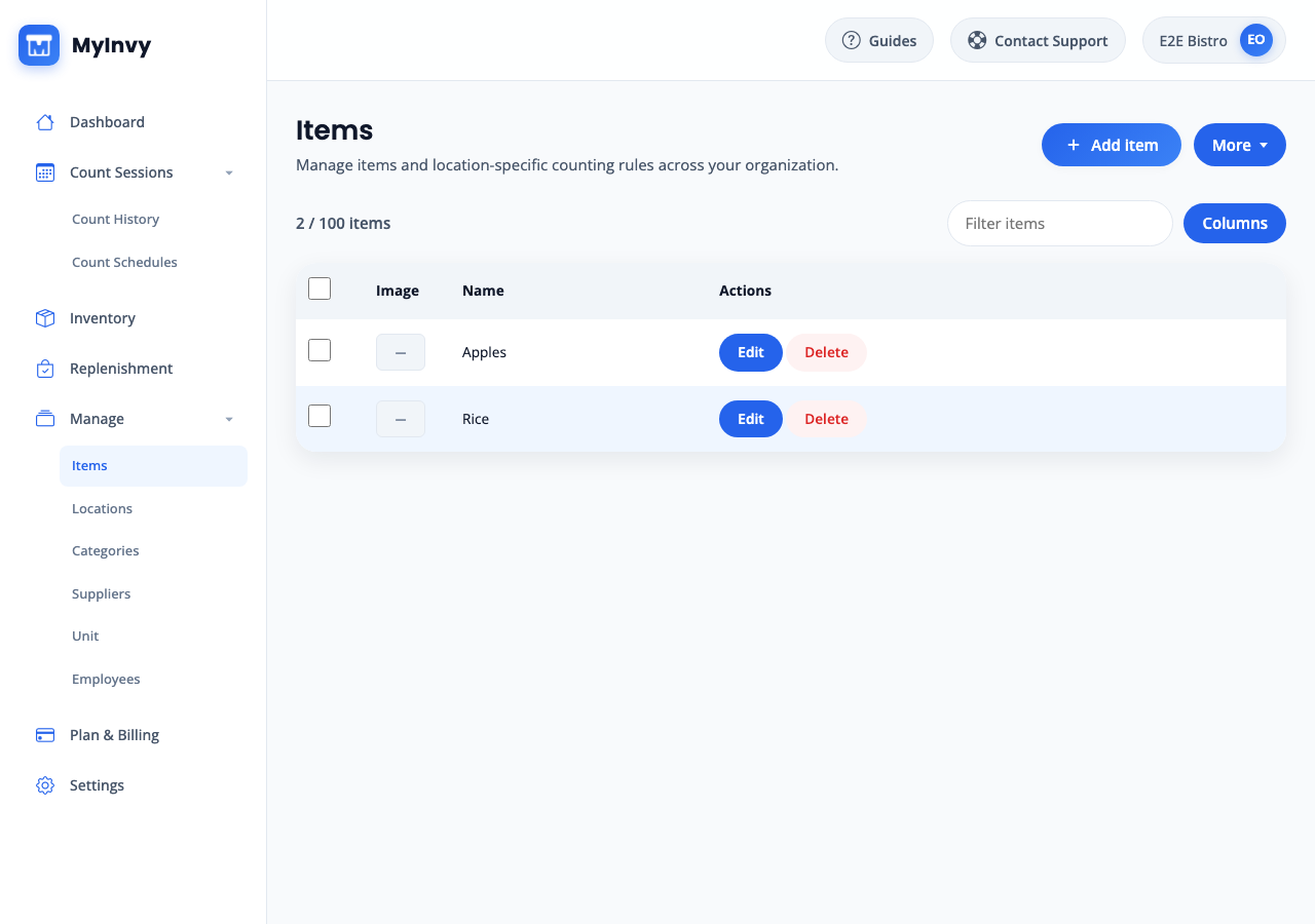 Items page with Add item, More, Filter items, Columns, and selectable table rows.