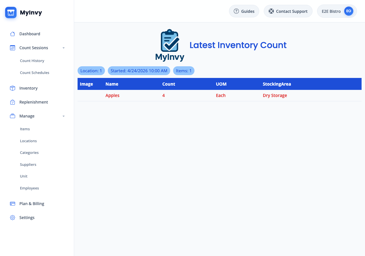 MyInvy dashboard card showing latest inventory count status