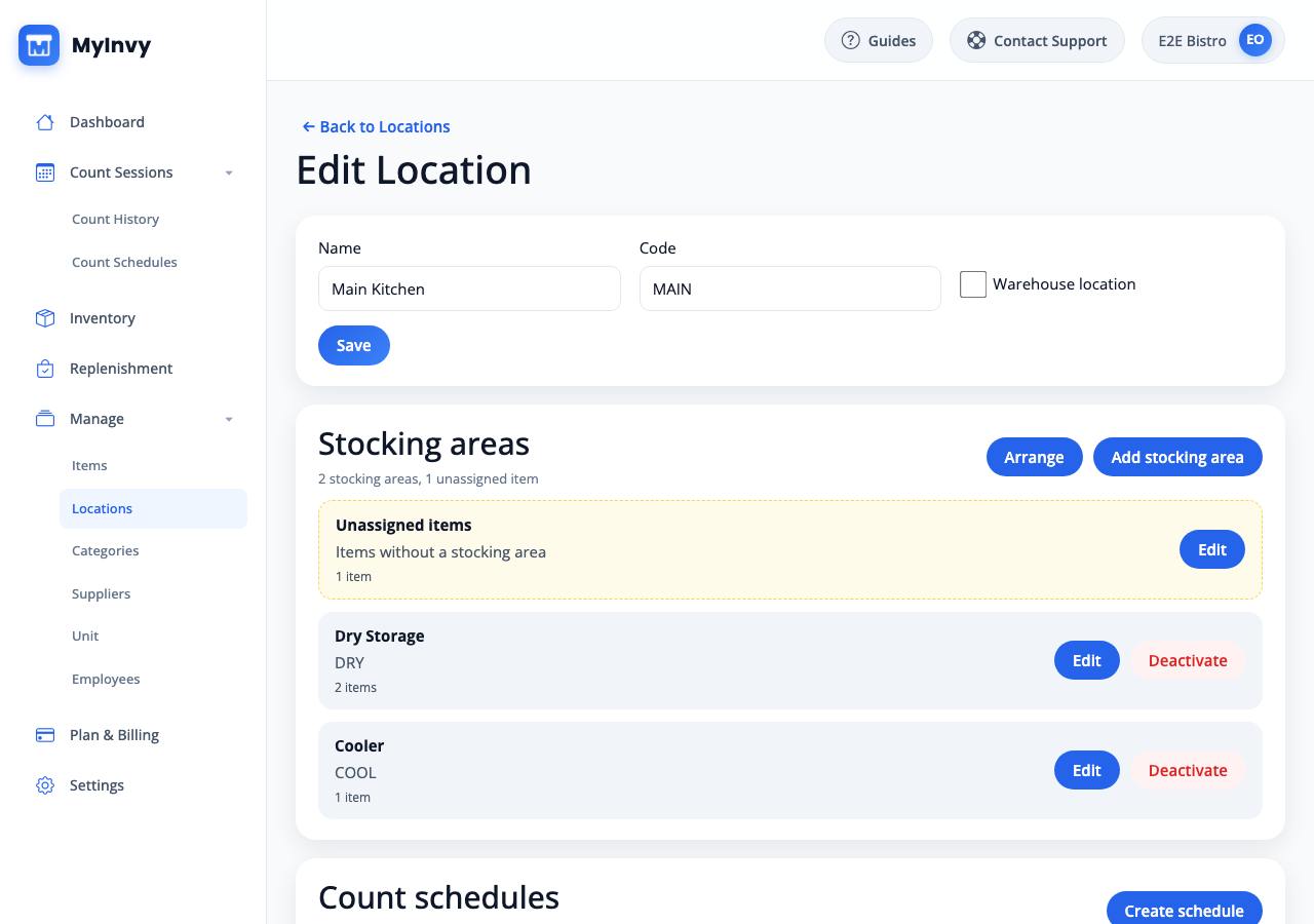 Edit Location page showing Stocking areas, Count schedules, and Assigned items sections.