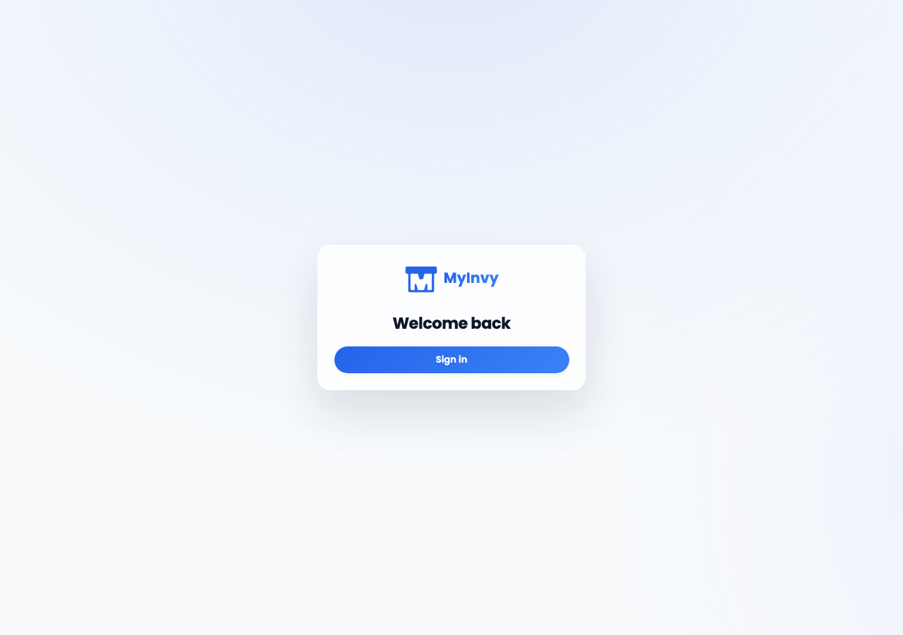the public login card with the MyInvy logo, Welcome back heading, and Sign in button.