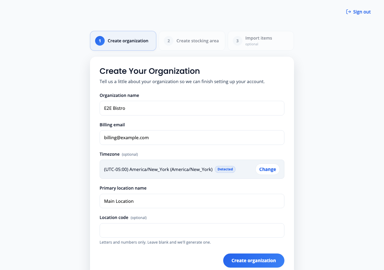 Create Your Organization form with profile, organization, billing, timezone, and primary location fields.