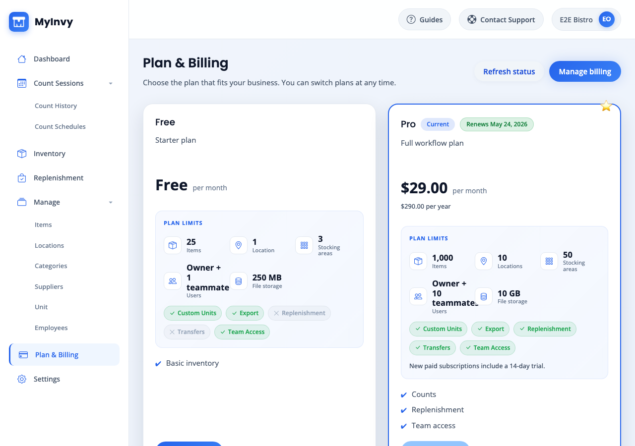 Plan & Billing header with Refresh billing status, Manage billing, status, and plan grid.
