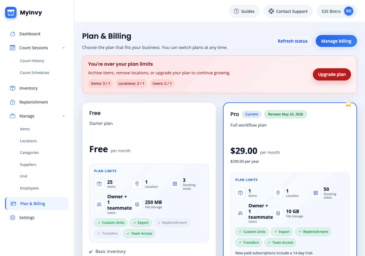 plan usage and over-capacity banner with Upgrade plan action.