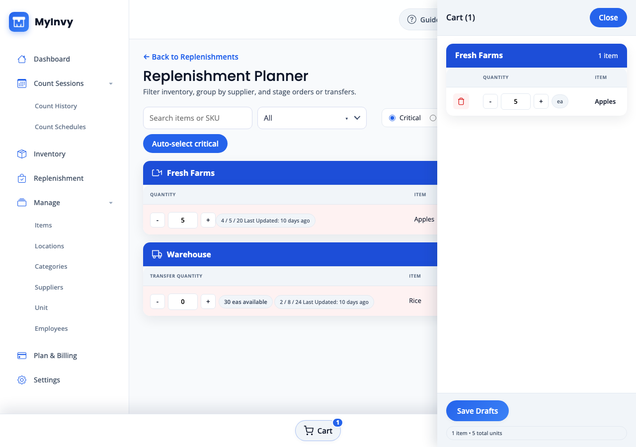 MyInvy replenishment planner cart with items ready for restocking