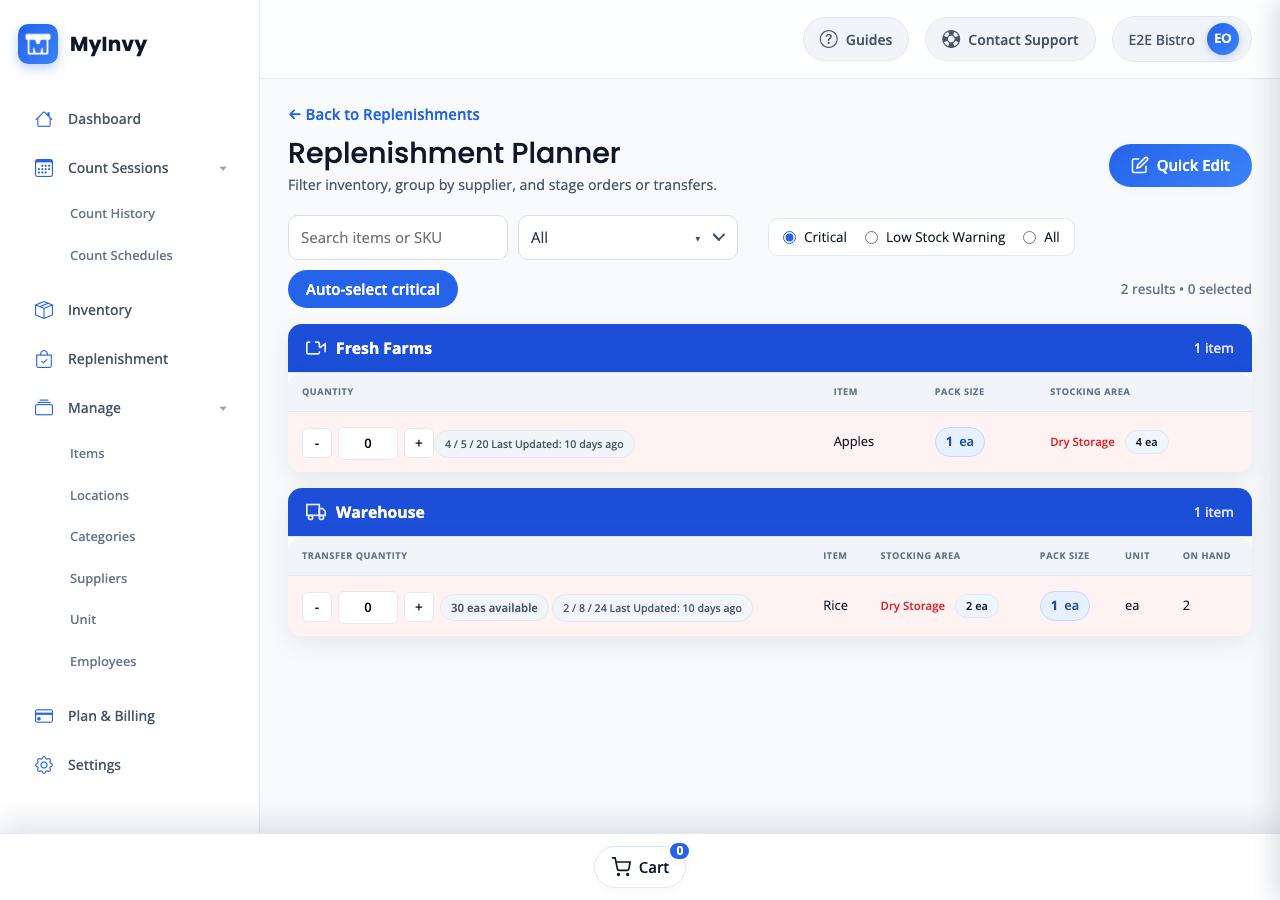 Replenishment Planner filters with Critical view and Auto-select critical.