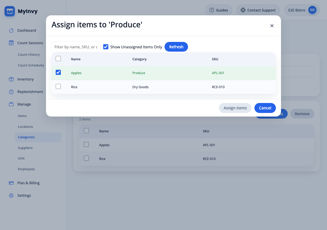 Assign items modal with search, Show Unassigned Items Only, Refresh, and Assign items.