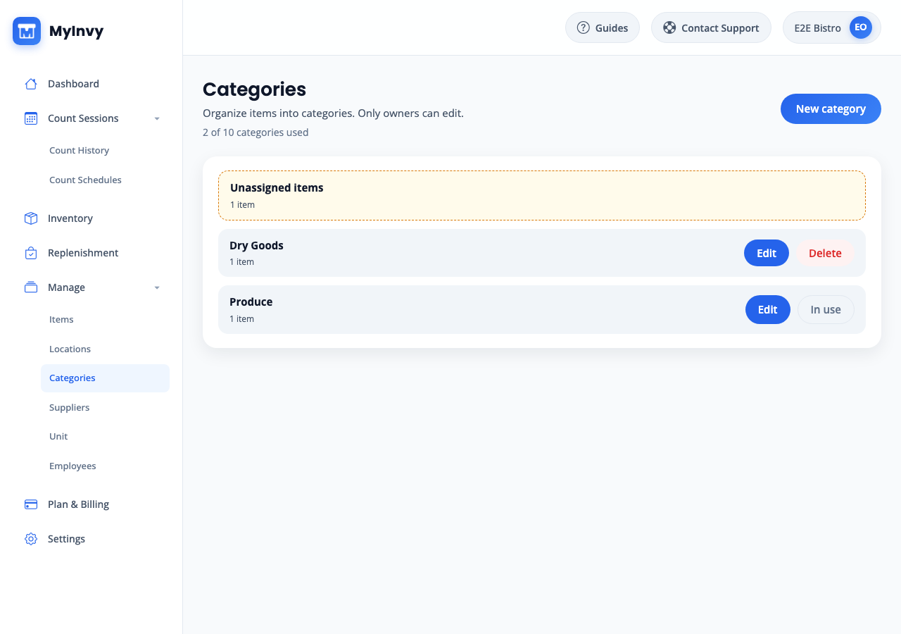 Categories page with New category, item counts, Edit, and Delete or In use actions.