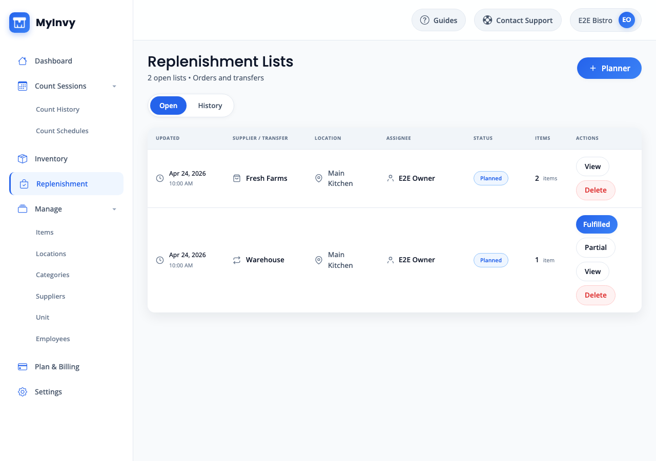 MyInvy replenishment list showing items ready for restocking