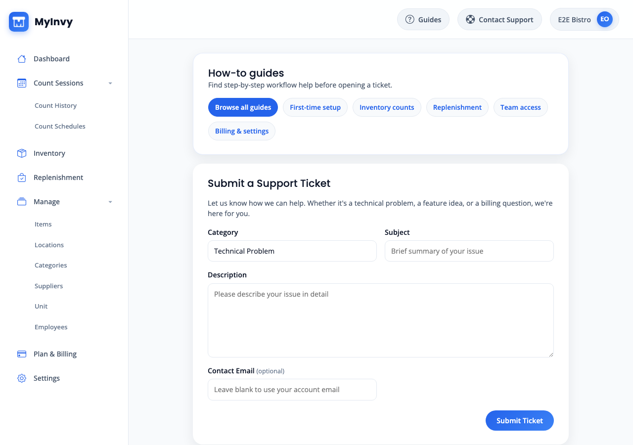 top-bar Guides and Contact Support actions with common guide topic links.