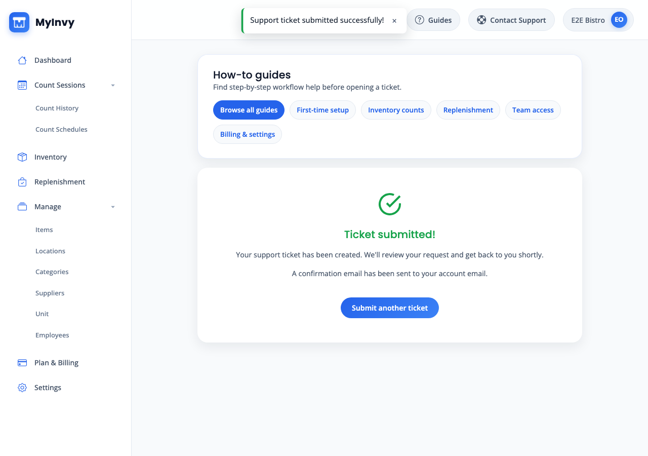 Ticket submitted success state with Submit another ticket action.